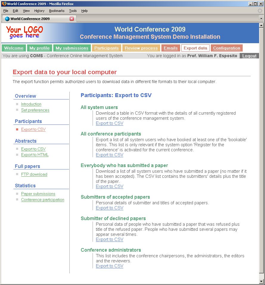 COMS - Funktionen - Exportieren in CSV oder HTML Format